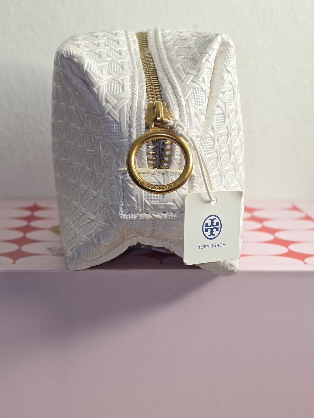 Tory Burch White Quilted Cosmetic Pouch with Gold Hardware